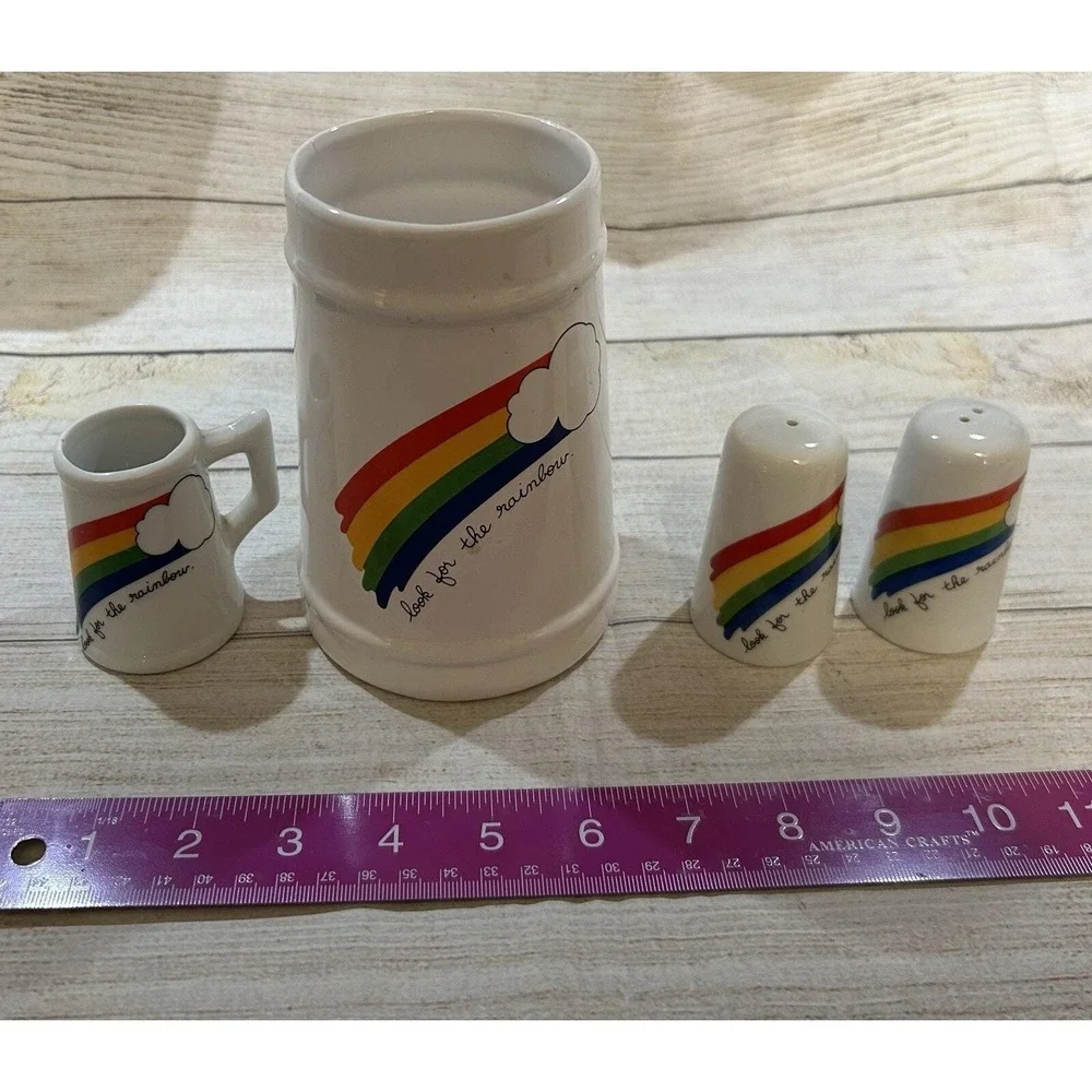 VTG Look For The Rainbow Cup Salt Pepper Shaker Ceramic Utensil Toothpick Set H4